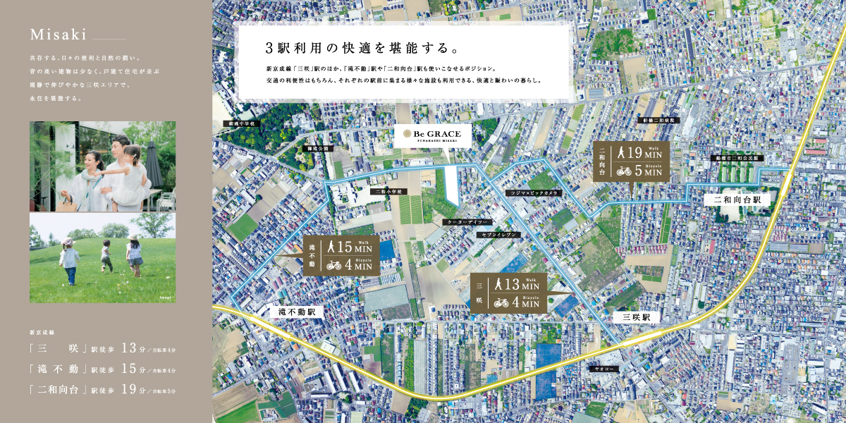 ※航空写真は現地周辺を撮影(2023年5月)したものに一部CG加工を施したものです。※自転車での所要時間は実測です。