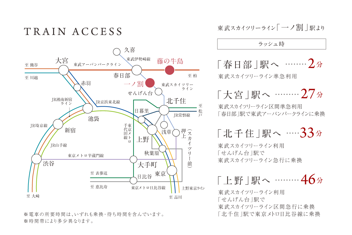 電車の所要時間はいずれも乗換・待ち時間を含んでいます。