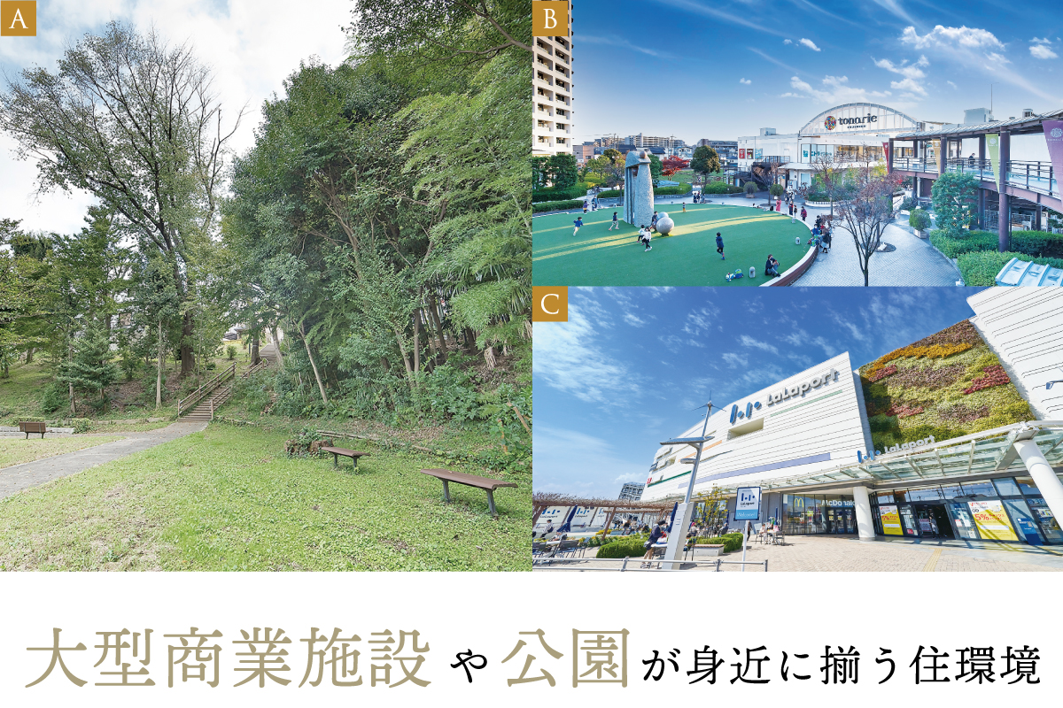 A.西渡戸緑地公園/徒歩2分、B.トナリエふじみ野/徒歩分、C.ららぽーと富士見/徒歩21分