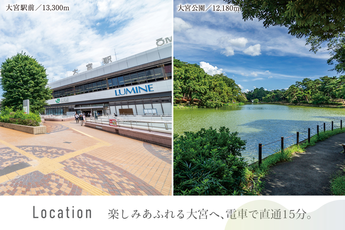 ※現地からの距離は、地図上の概測です。分数・距離は分譲地内の最も遠い号棟からのものです。※「大宮」駅へはJR湘南新宿ライン利用(所要時間はラッシュ時のもの)