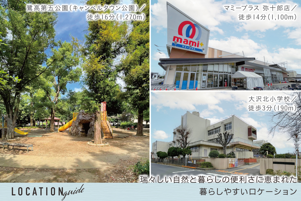 現地からの距離は各施設から最も遠い区画を起点とした地図上の概則です。徒歩分数は80m=1分で換算、端数は切り上げています。