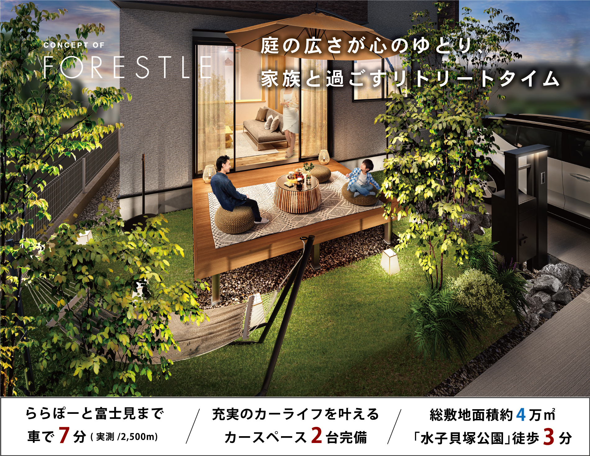 ※外観パースは図面をもとに描き起こしたもので、実際とは多少異なります。※ウッドデッキはオプション対応となります。※自転車時間は実測です。(1,450m)