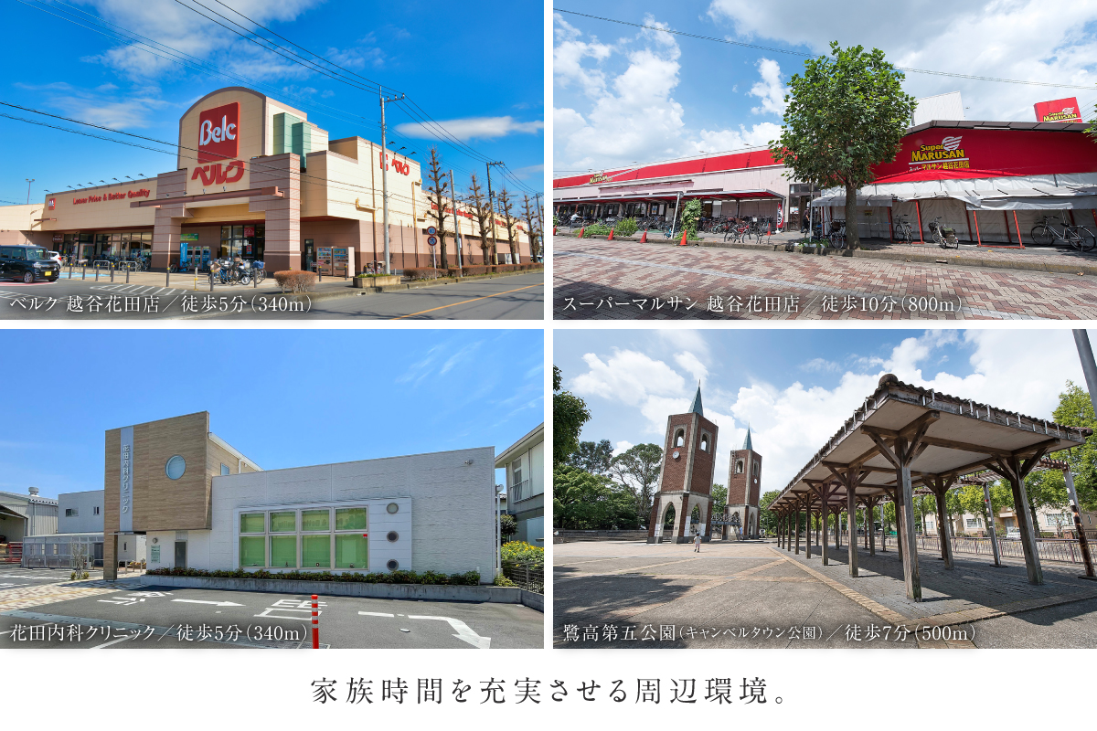※現地からの距離は、地図上の概測です。徒歩での分数は、80m/分で換算、端数は切り上げています。分数・距離は分譲地内の最も遠い号棟からのものです。