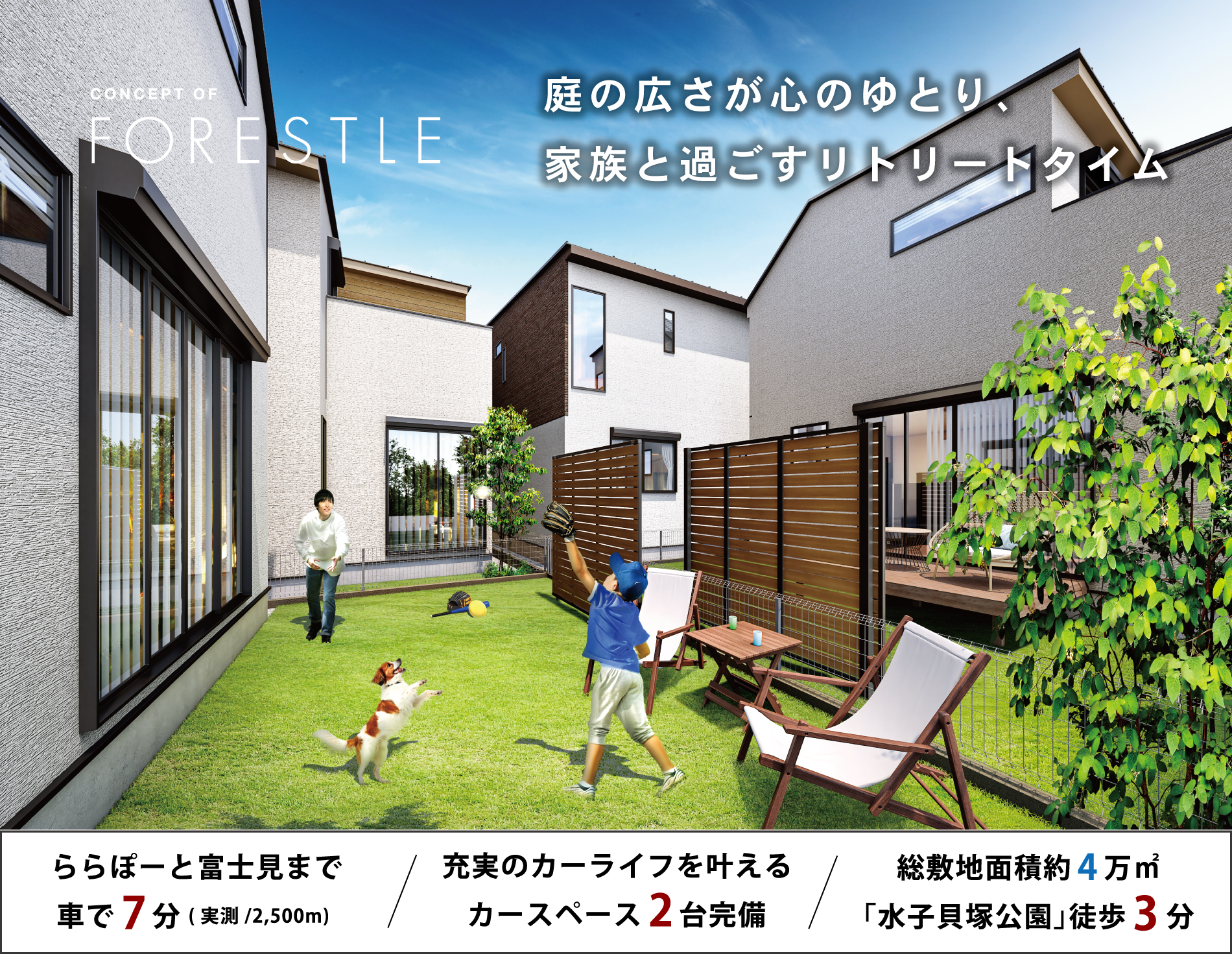 ※外観パースは図面をもとに描き起こしたもので、実際とは多少異なります。※ウッドデッキはオプション対応となります。※自転車時間は実測です。(1,500m)