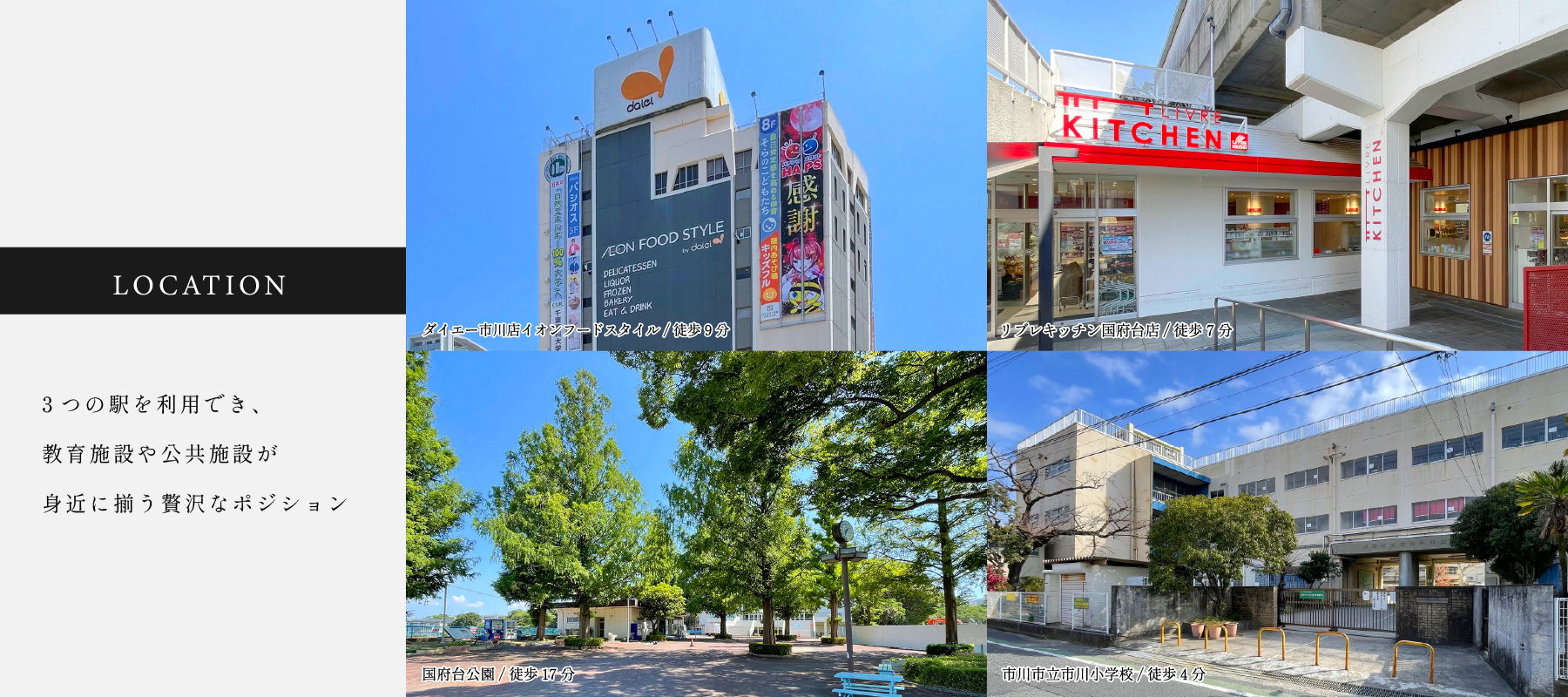 ※分数・距離はすべて現地からのものです。徒歩での分数は80m=1分での換算です。<br>※各施設までの徒歩所要時間(距離)は、「最も遠い号棟を起点」に計測しております。