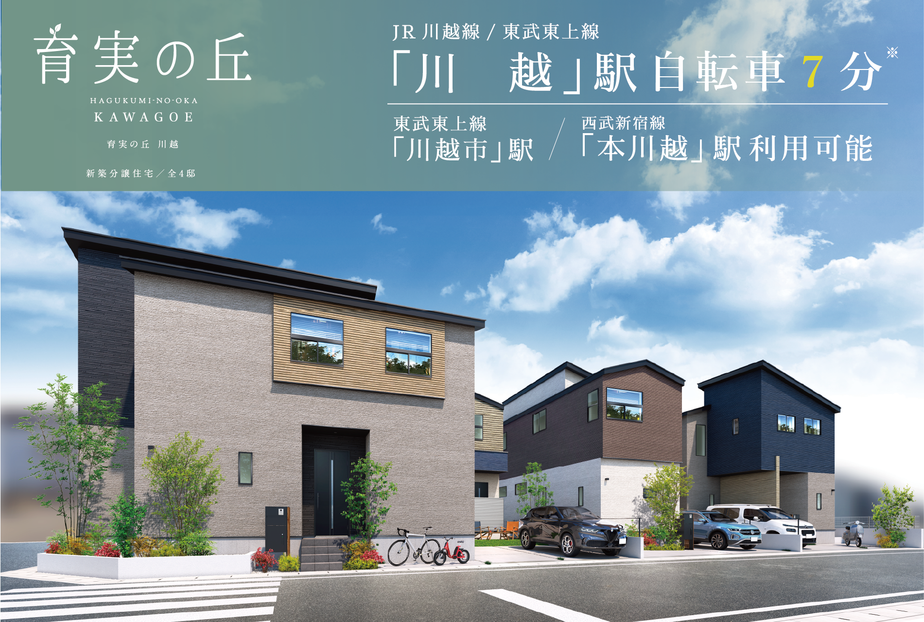 ※外観パースは図面をもとに描き起こしたもので、実際とは多少異なります。※自転車分数は 川越駅(2,170m)までの実測です。