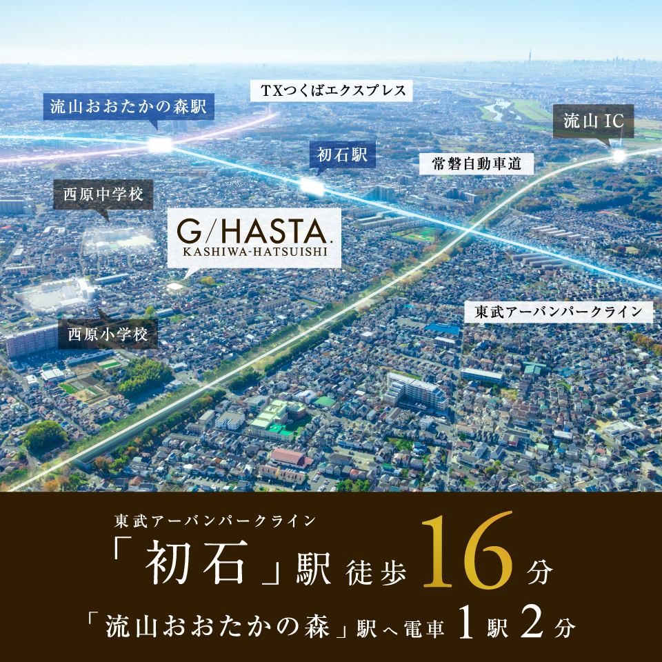 「初石」駅徒歩16分。「流山おおたかの森」駅まで電車で1駅2分。