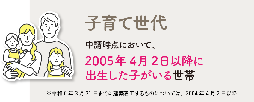 子育て世代…申請時点において、2005年4月2日以降に出生した子がいる世帯　※令和6年3月31日までに建築着工するものについては、2004年4月2日以降