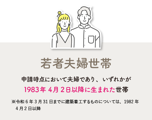 若者夫婦世帯…申請時点において夫婦であり、いずれかが1983年4月2日以降に生まれた世帯　※令和6年3月31日までに建築着工するものについては、1982年4月2日以降