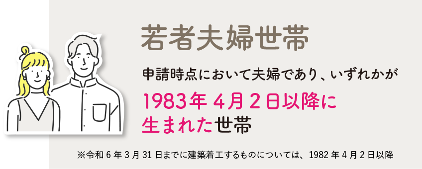 若者夫婦世帯…申請時点において夫婦であり、いずれかが1983年4月2日以降に生まれた世帯　※令和6年3月31日までに建築着工するものについては、1982年4月2日以降